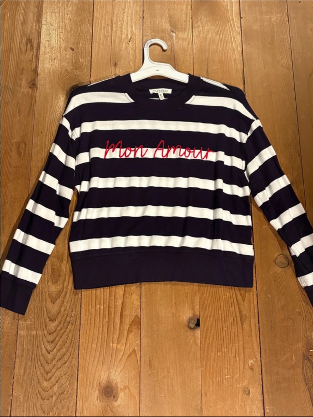Striped 'Mon Amour' Crewneck Sweater - Navy/White